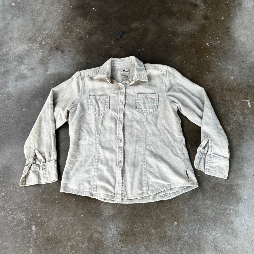 Woolrich Button Down Shirt Womens M Beige Excellent Long Sleeve Flannel Style